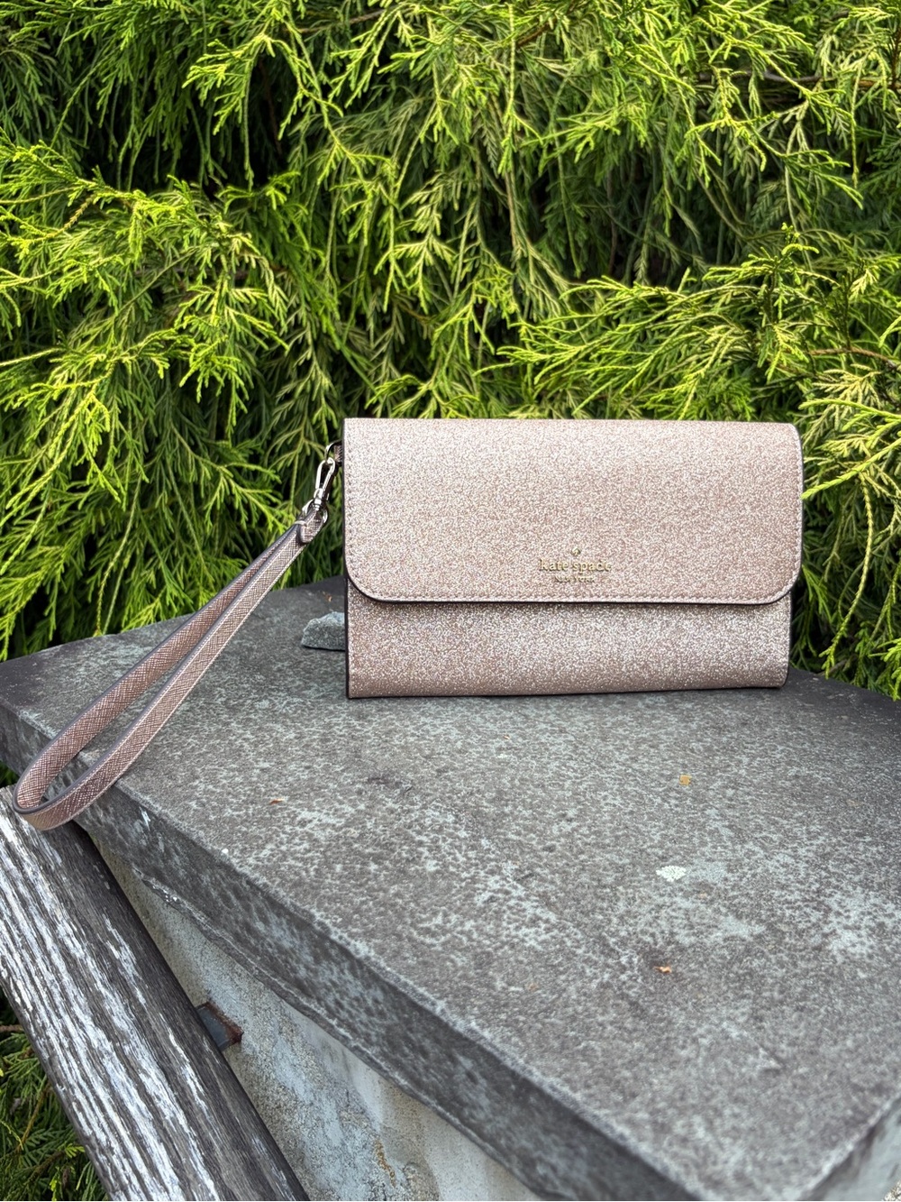 Kate Spade New York Rose Gold Glitter Leather Large Travel Wallet Wristlet